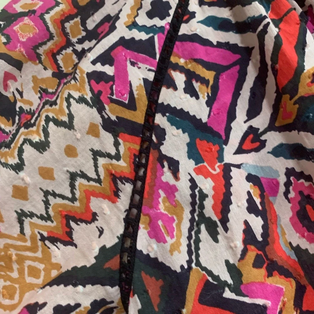 ZARA Boho Tunic Dress L Ikat Tribal Print Long Sleeve Button Cuff - Picture 5 of 15